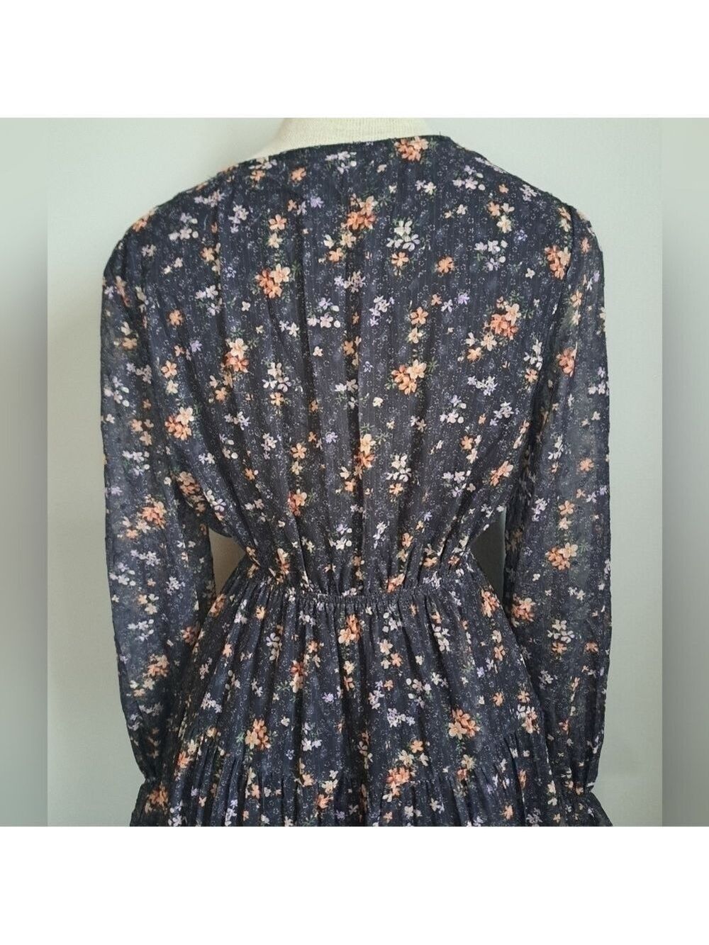 Tiny floral tiered MAXI dress long sleeves ruffle cuff button up Shabby Aakaa S - Picture 9 of 12